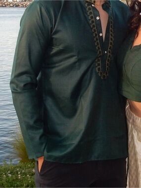 Men's Dark Green Embroidered Kurta Shirt